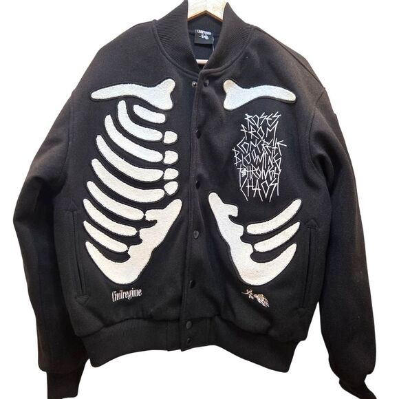 CIVIL REGIME 6 Feet Deep Varsity Jacket Men's Bomber Black Skeleton  L - Picture 1 of 9